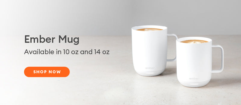 Ember Mug2 10 oz and 14 oz in White sit side by side. Shop Now.